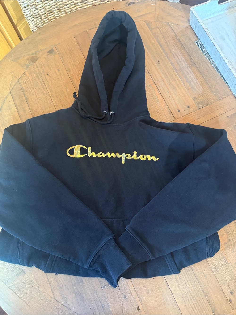 Champion Men’s Black Hoodie with Gold Script Logo